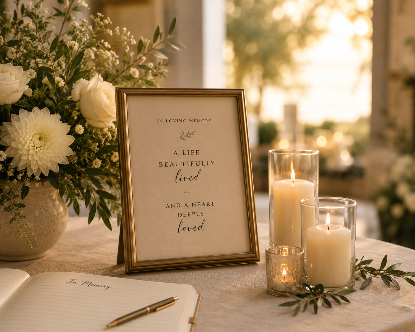 Memorial table with framed tribute, white floral arrangement, and candles at a personalized service officiated by funeral celebrant Soléna Raye in Flagler County, Florida.