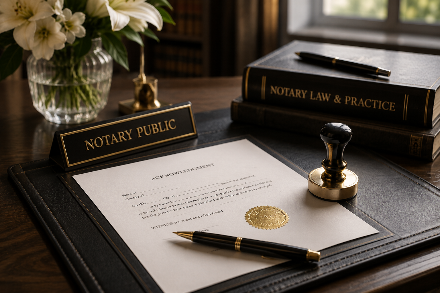 Notary public seal, acknowledgment document, and official stamp on a formal desk representing Florida commissioned notary services by Soléna Raye in Flagler and Volusia Counties.