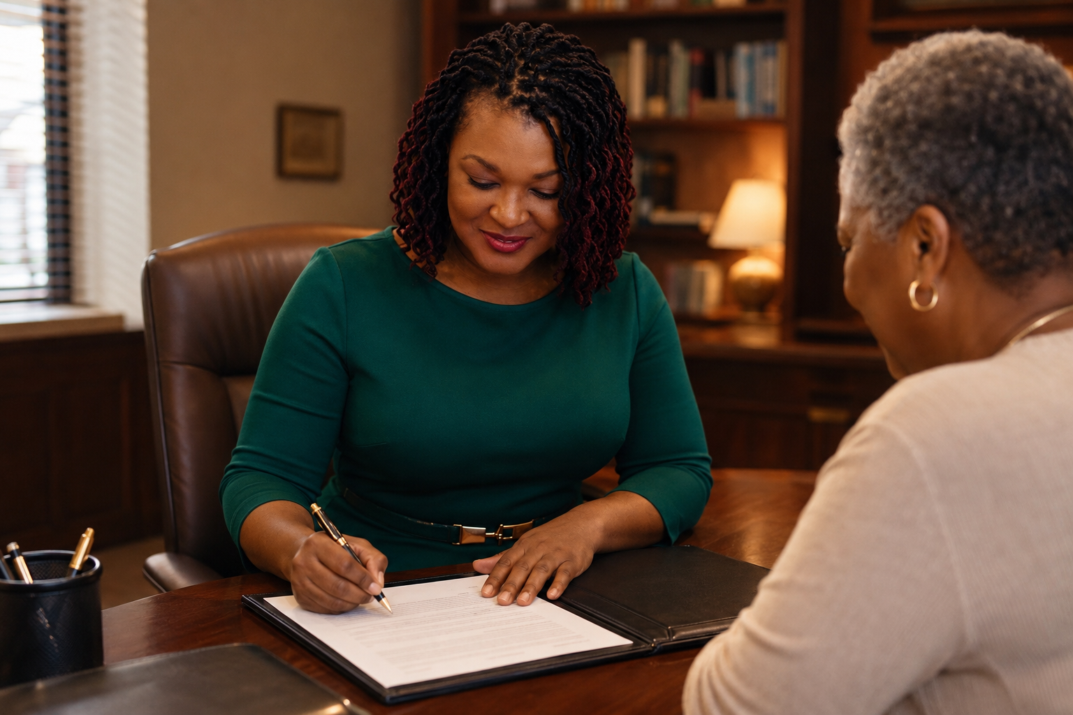 Soléna Raye providing notary and document witnessing services to a client at a desk in Flagler and Volusia Counties, Florida.