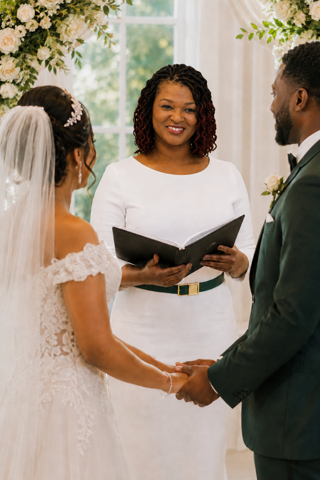 Soléna Raye officiating a wedding ceremony, holding a custom-written script while a couple exchanges vows.